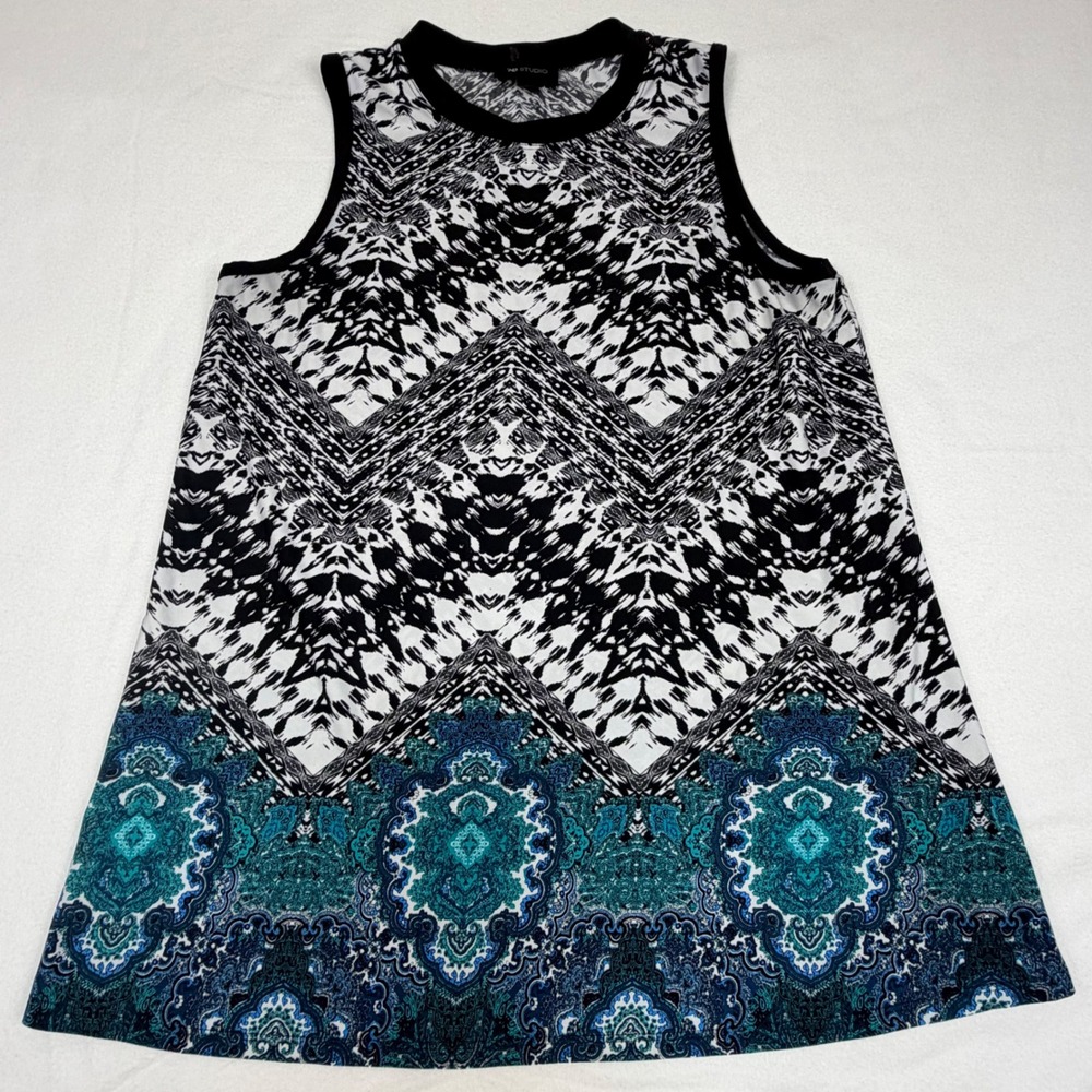 AB Studio Womens Sleeveless Chevron Paisley Print Knit Top Black Blue Medium